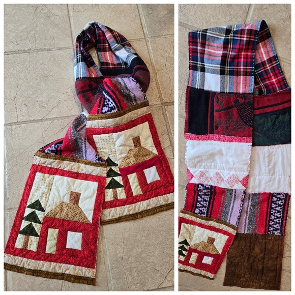 Upcycled winter patch scarf red cabin handmade Dont Throw It Out - Picture 2 of 5